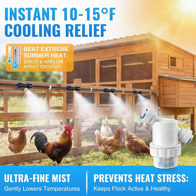 Dreyoo Misters for Outside Patio, 20FT Chicken Coop Misting Cooling System with 10 Brass Nozzles & Fliter & 3/4" Adapter, Outdoor Misting System for Garden, Greenhouse, Trampoline & Canopy
