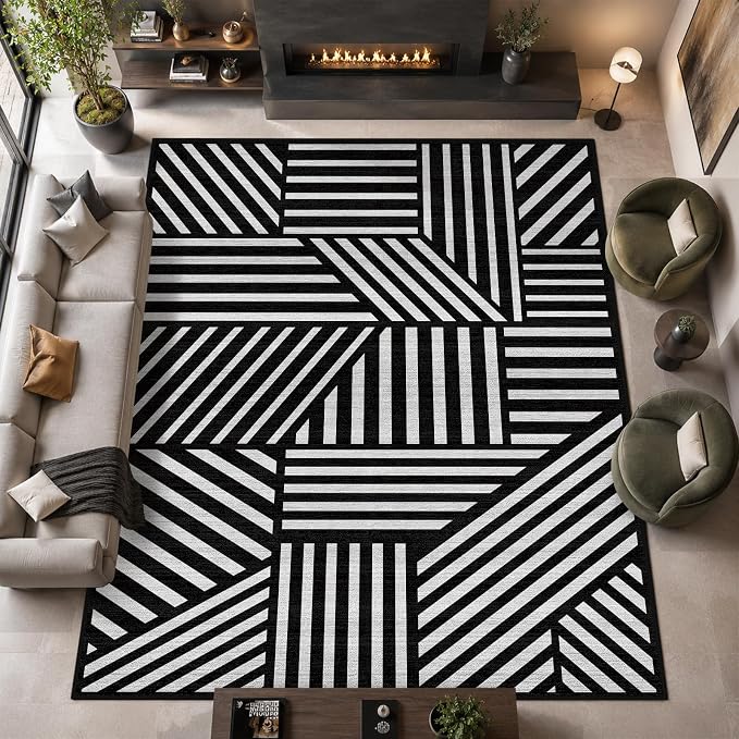 8x10 Black and White Geometric Stripe Area Rug for Living Room Bedroom Abstract Modern Large Rug Machine Washable Non-Slip Carpet for Dining Room Office