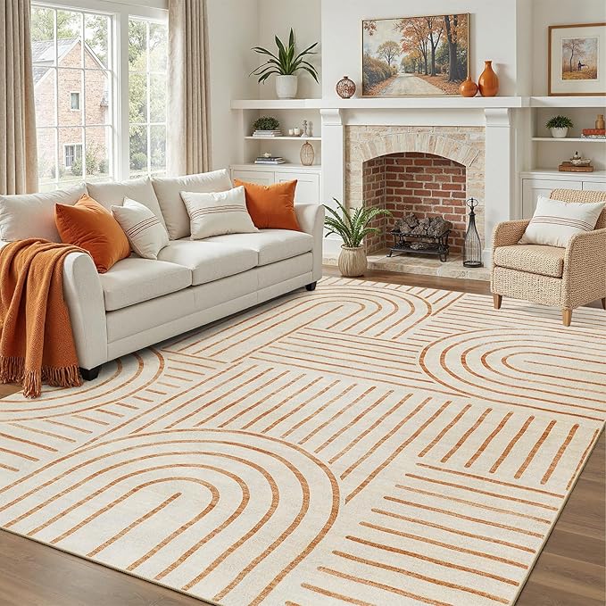 DCX Abstract Washable 9x12 Rug, Non Slip Low Pile Rug, Beige | Rugs for living room, bedroom, dining room, office, soft, mid century modern rug, sain resistant indoor carpet, home decor