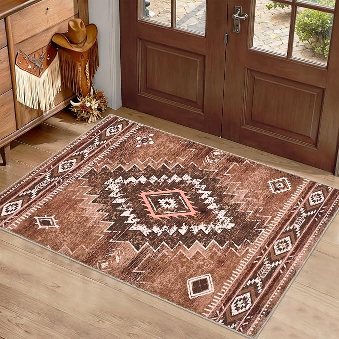 Yinhua Western 2x3 Rug Non-Slip, Aztec Entryway Area Rug Washable | Moroccan Lightweight Door Rugs Low-Pile, Brown Small Rugs with Rubber Backing for Porch Kitchen Bedside