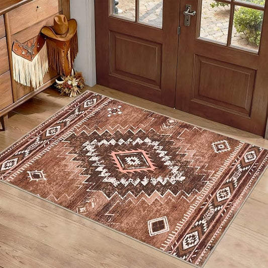Yinhua Western 2x3 Rug Non-Slip, Aztec Entryway Area Rug Washable | Moroccan Lightweight Door Rugs Low-Pile, Brown Small Rugs with Rubber Backing for Porch Kitchen Bedside