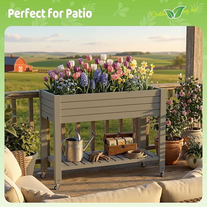 Vixzen Raised Garden Bed Outdoor,Reinforced Large Planter Box with Wheels & Storage Shelf,Mobile Planter Bed Box for Backyard, Patio, Balcony (Light Brown, 21Gal（43.31"×17.72"×33.66"）)