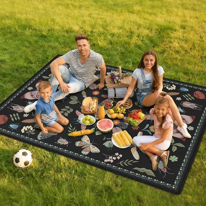 Insect Picnic Blankets Waterproof Foldable, 60″X80″ Packable Picnic Mat Boho Outdoor Blanket for Grass, Large Beach Blanket Sandproof Picnic Accessories for Camping Music Festival Park Lawn Travel