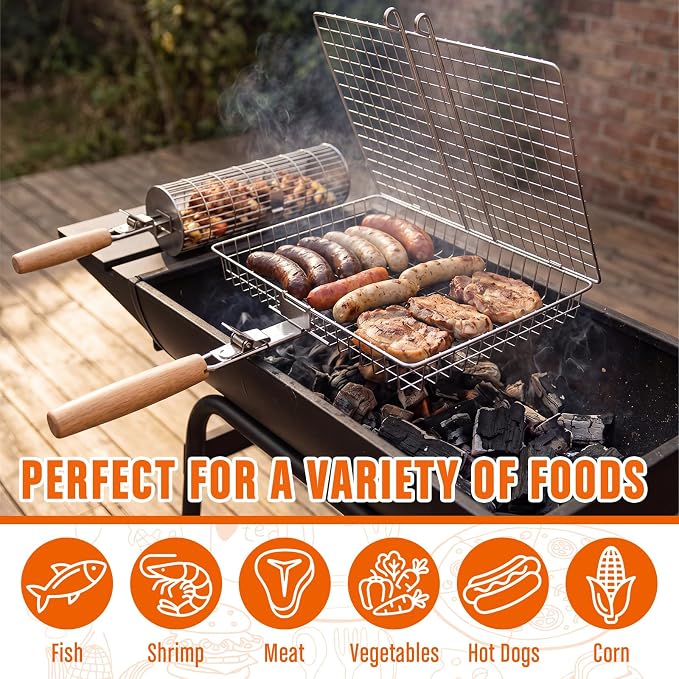 Havawish 3 Pcs BBQ Basket Grill Set 430 Stainless Steel Rectangular Grill Basket with Removable Wooden Handle 2 Rolling Cylinder Baskets for Vegetables Fish Meat Outdoor Grilling Gift for Dad Husband