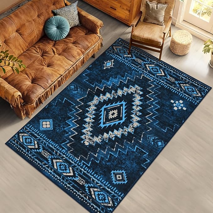 Yinhua Western 3x5 Entryway Rug, Aztec Machine Washable Rug Low-Pile | Moroccan Non-Slip Area Rugs with Rubber Backing, Navy Blue Carpet Stain Resistant for Bedroom Office