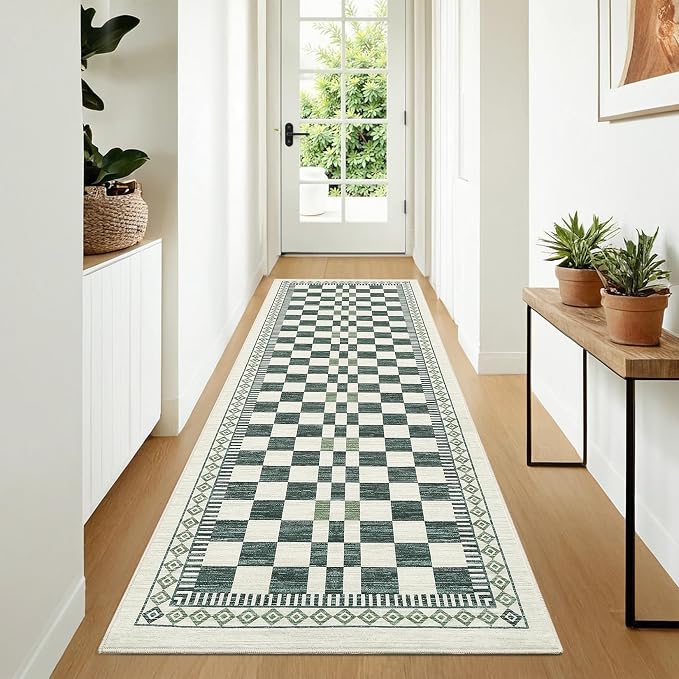 GarveeHome 2x6 Runner Rug for Bathroom Modern Abstract Checkered Carpet | Contemporary Non-Slip Low Pile Throw Rugs Easy-Clean Sage Green Long Runners Premium Soft Area Rug for Kitchen Hallway