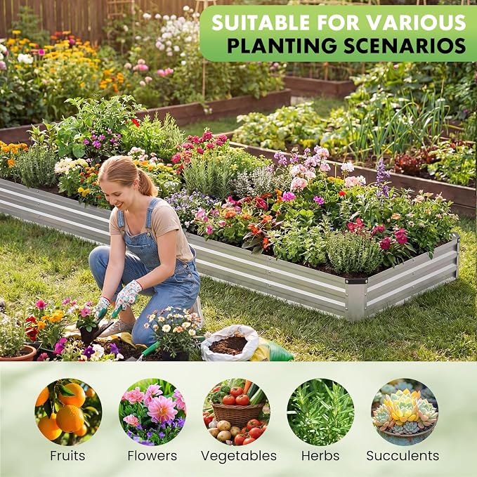 DUMOS Galvanized Raised Garden Bed Outdoor, 12x4x1ft Raised Metal Planter Box, Rust-Resistant Steel Garden Planter, Rectangular Gardening Flower Bed for Vegetables Flowers Herbs, Open Bottom