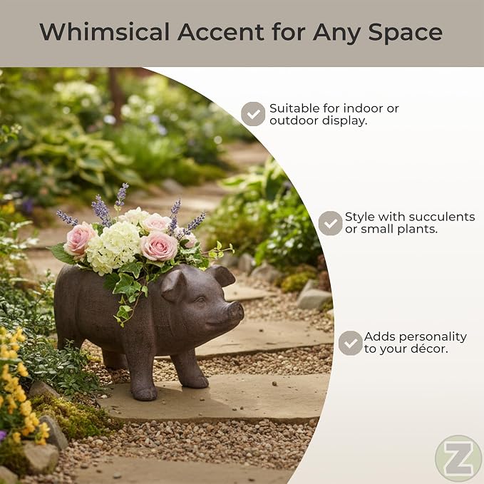 Zeckos Rustic Brown Smiling Pig Resin Decorative Planter - 17 Inches Long - Great for Flowers and Succulents - Perfect for Both Indoor and Outdoor Decor Settings