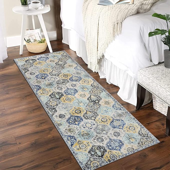 Lahome Moroccan Washable Hallway Runner, 2'5''x8' Kitchen Runner Non Slip | Ultra-Thin Oriental Laundry Room Rug Carpet for Entryway Bedroom Bathroom Elise, Yellow/Aqua