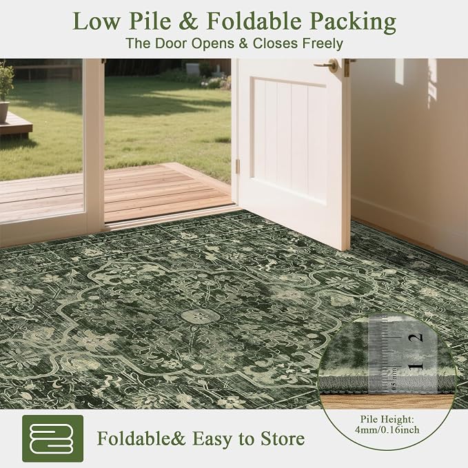 U'Artlines Boho Vintage Area Rug 8x10 Machine Washable Carpet, Dark Green | Low Pile, Non Slip, Ultra-Thin Soft Floor Carpet, Accent Rug for Living Room Bedroom Dining Room Office