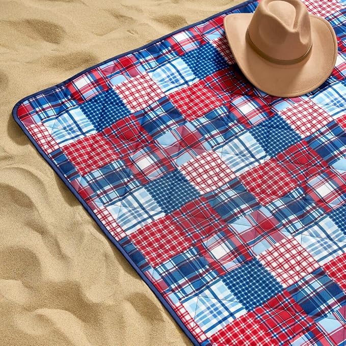 Weatherproof Vintage Waterproof Outdoor Blanket- Blue and Red Roll Up Throw Blanket with Handle, Velcro Closure - Camping Supplies, Travel Blanket for Beach, Picnic & Events, 60"x72" (Madras)
