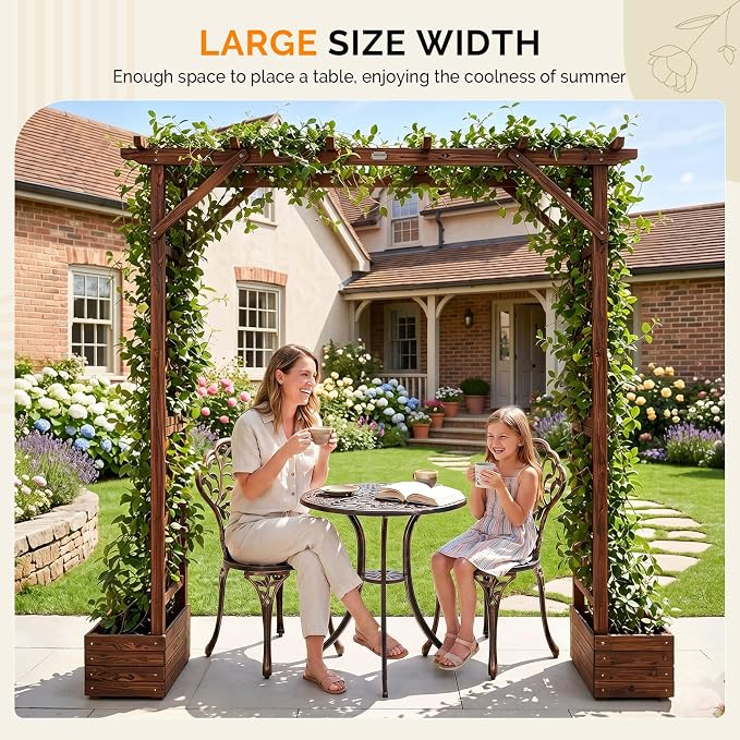 VINGLI Wooden Garden Arbor with Planter, Wedding Arch for Ceremony, Wood Garden Arbour Trellis for Plant Climbing, Pergola for Garden Backyard, Lawn, Outdoor (Dark Brown)