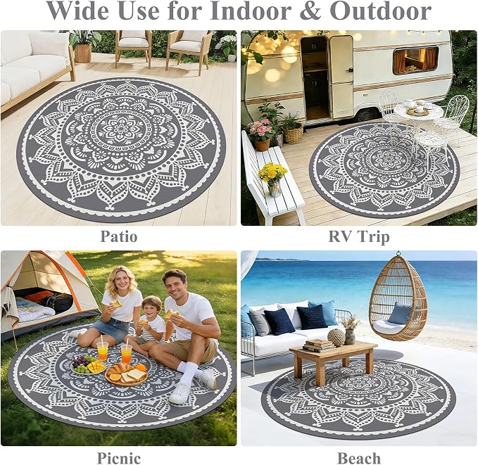 Bsmathom Waterproof Outdoor Rug 8ft Round Reversible Boho Plastic Straw Patio Deck Camping Rugs, Indoor Outdoor Portable RV Mat Carpet for Outside, Porch, Balcony, Backyard, Beach, Pool, Grey