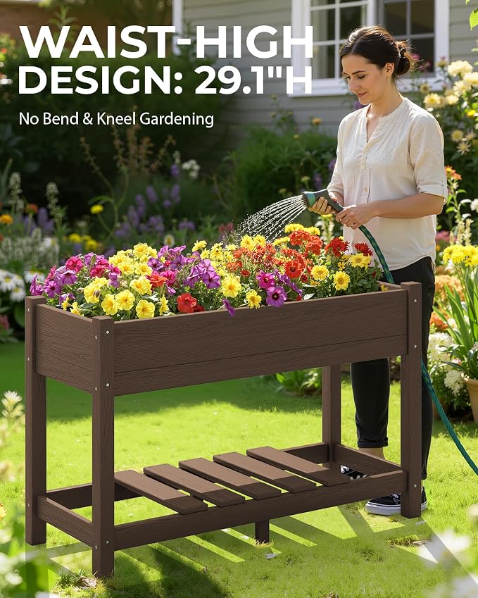 SERWALL Raised Garden Bed with Legs, 43"×17"×30" Large HDPE Elevated Planter Box for Vegetables Flower Herb Patio, All Weather Use- Brown