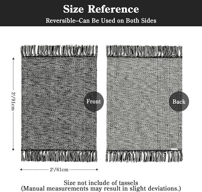 Black Bathroom Rug, 2' x 3' Hand-Woven Washable Small Kitchen Rugs, 45% Cotton, 45% Polyester, 10% Viscose - Cotton Reversible Entryway Rug Modern Farmhouse Carpet for Foyer Bedroom Back Door | Modern Farmhouse Braided Entryway Rug, Small Reversible La...