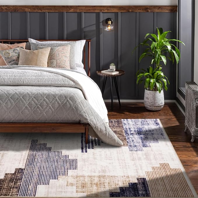 Washable Scandinavian Rug, Ultra Thin Shaggy Modern Farmhouse Tribal 4x6 Area Rug for Dining Room Bedroom Entryway Kitchen, Stain Resistant Distressed Minimalist Boho Living Room Carpet