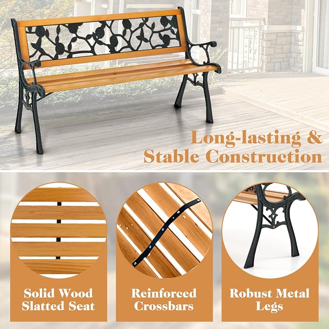 Giantex 49.5" 3-Person Outdoor Bench with Floral Pattern Backrest, Slatted Seat, 470 Lbs Weight Capacity, Curved Armrests, Cast Iron Metal Bench for Park, Outside, Patio, Porch, Yard, Garden
