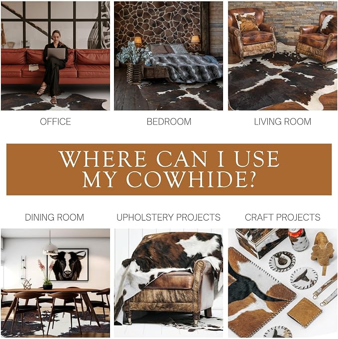 Sunshine Cowhides 100% Genuine Tricolor Cow Skin Leather Cowhide Rug - Modern Style Animal Skin Rug & Floor Carpet for Living Room, Bedroom, Kitchen & More - Extra Large (6x7-8 Ft.)