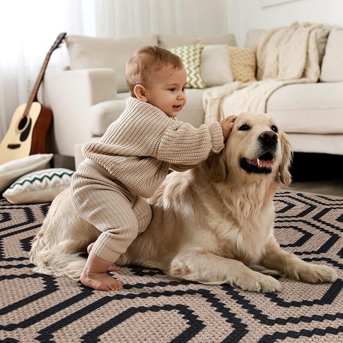 Tangsoo Easy Jute Rug 2x6 Washable Runner Rug for Hallways,Neutral Geometric Thin Non-Slip Indoor Carpet Runner Farmhouse Long Outdoor Rnner Mat for Kitchen Entryway Laundry Bedroom