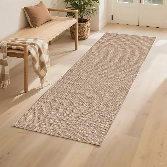Outdoor Easy Jute Runner Rug: 2x6 Modern Natural Area Rugs for Front Patio Hallway Linen-Look Fabric Durable - Neutral Washable Mat for Entryway Kitchen Bedroom - Beige Stripes