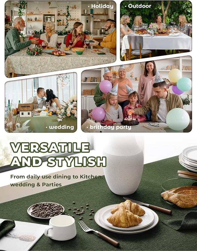 Decorelia Table Cloth for Rectangle Dining Table, Faux Linen Waterproof Texture Farmhouse Washable Rectangular Tablecloth Cover for Birthday, Party, Picnics, Wedding Decor(Dark Green, 52 x70 Inch)
