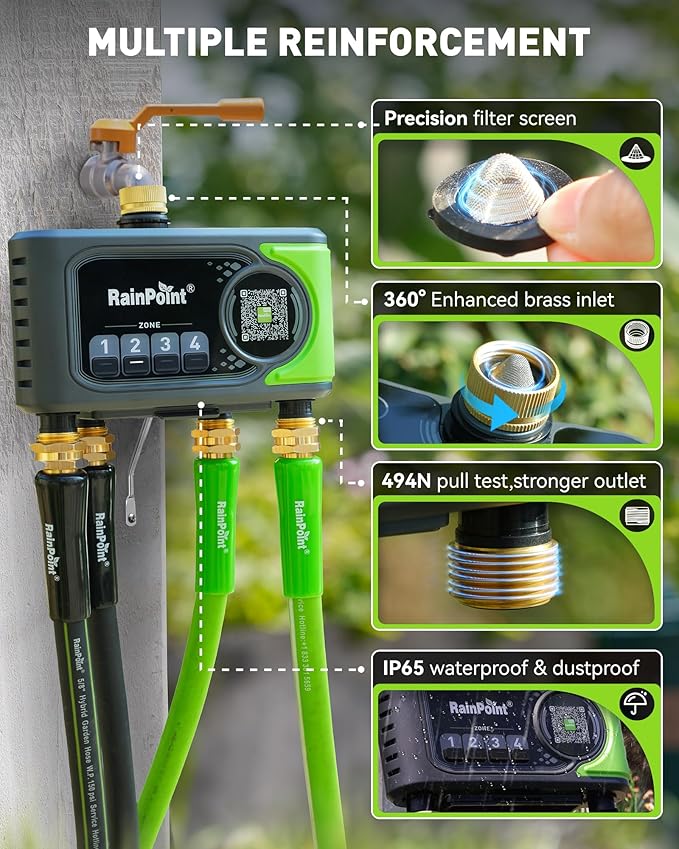 RAINPOINT 4 Zone WiFi Sprinkler Timer Without hub, 2027 New Version for Garden Hose, Outdoor Hose Water Timer with Brass Ports, APP & Voice Custom Irrigation Programs