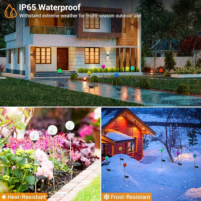OxyLED Solar Outdoor Lights, 6 Pack Solar Stakes Crystal Cracked Glass LED Garden Globe Light Outdoor Waterproof, Color-Changing Auto On/Off, Pathway Lights for Landscape Patio Yard Decorations