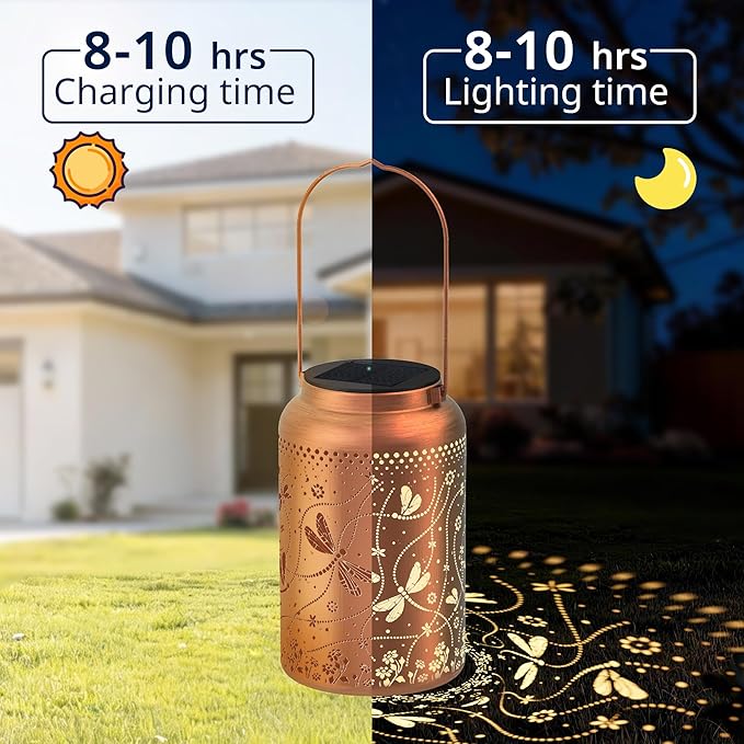 JEJOT Dragonfly Solar Lanterns Outdoor Waterproof, Mothers Day Gifts, Birthday Gifts for Women Mom Grandma,Metal Hanging Solar Lantern for Yard,Garden,Porch Landscape Deconrations-2 Pack