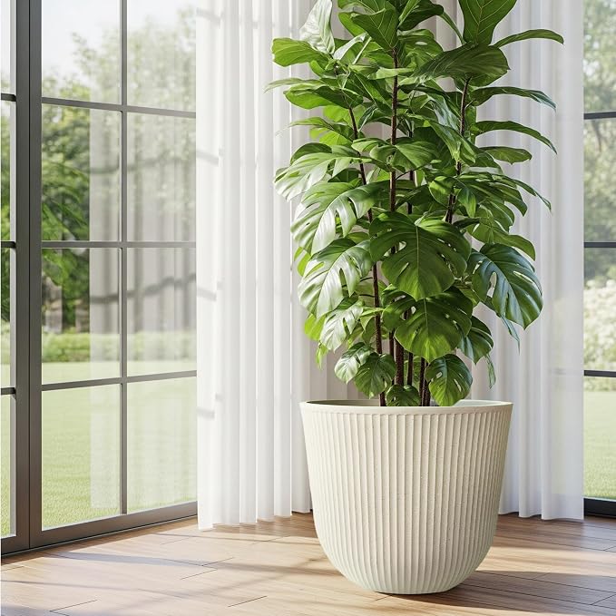 Worth Garden Round Large Planter Pot 1-Pack - 17.5" Dia x 15.5" H - Durable Plastic Beige Plant Tree Pots with Vertical Stripe Textured Finish, Drainage Hole for Indoor, Outdoor, Front Porch, Patio