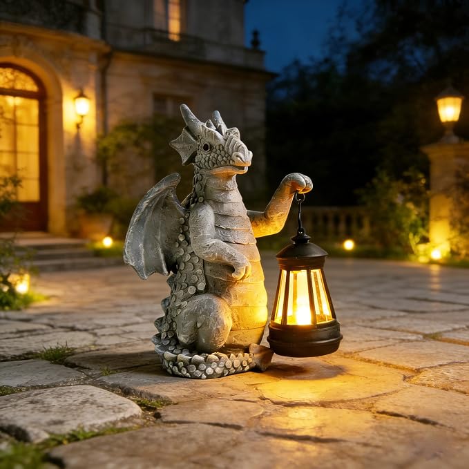 Solar Dragon Outdoor Statue, Dragon Figurine Light, Yard Decor for Patio | Solar Auto Lighting Weather Resistant Resin Wire-Free Outdoor Decor Ideal Gift Garden & Patio Ornament