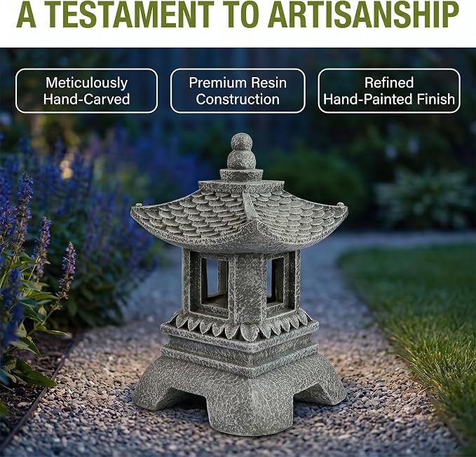 Solar Pagoda Decors Garden Statues, Zen Asian Outdoor Statues Accessories Japanese Pagoda Lamp Lantern for Garden Balcony Patio Porch Yard Art Ornament Decoration, 12 Inches