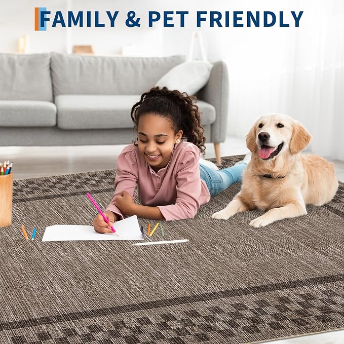 GarveeHome Machine Washable 5x7 Area Rugs Modern Bordered Living Room Rug | Non Slip Checkered Geometric Bedroom Throw Carpet Soft Neutral Rugs for Dining Room Nursery Home Office, Brown
