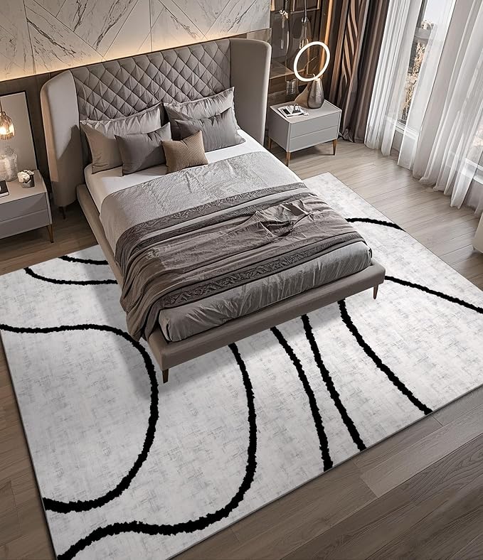 Modern Area Rugs for Living Room, 9x12 Washable Black and White Rug, Thin Abstract Geometric Striped Rug, Area Rug for Bedroom,Kitchen,Dining Room,Office