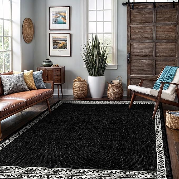 Washable Outdoor Rug 10x14 Modern Area Rugs Outdoor Carpets Bordered Pattern Non Shedding Waterproof Easy Clean Patio Deck Porch Living Room Bedroom Garden RV (10 X 14 Black)