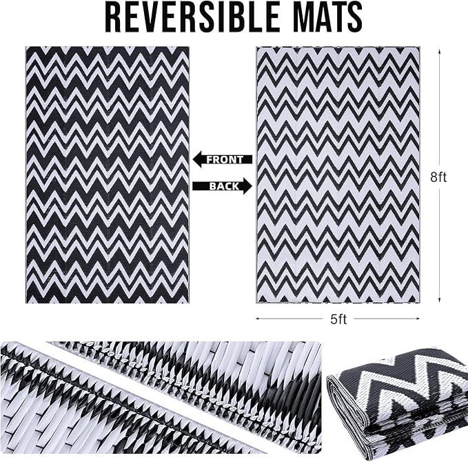 OLANLY Waterproof Outdoor Rug 5x8 ft Clearance, Reversible Outdoor Plastic Straw Rug, RV Mat, Indoor Outdoor Carpet for Patio, Camping, Balcony, Deck, Backyard, Black & White