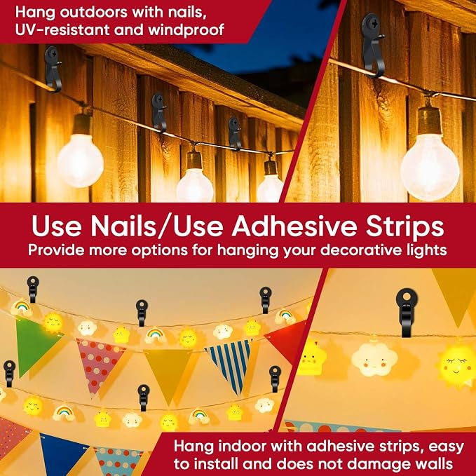 60 Pack String Lights Hooks, Stainless Steel Outdoor String Lights Hanger Clips with Screw & Adhesive Strips, Christmas Light Clips for Outside Holiday Decor, Fairy Led Lights Plants Wind Chimes Black