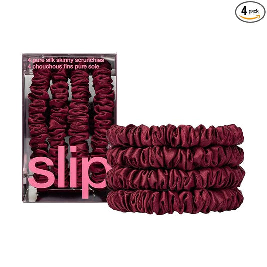 Slip Silk Hair Ties — Skinny Silk Maroon Scrunchies, No Damage, No Crease, Anti-Breakage |100% Mulberry Silk | All Hair Types | Made with Proprietary Slipsilk™ | Set of 4