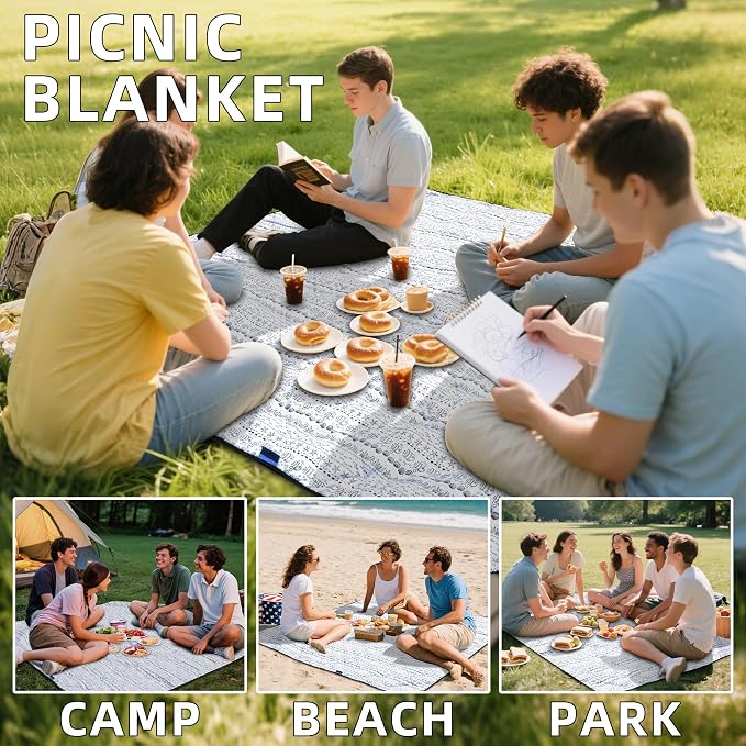 80x80” Double Thickened Picnic Blankets(150g High Density Cotton Stuffed) White Fish Pattern Outdoor Picnic Mat Portable Picnic Blanket Foldable with Leather Carry Strap Beach Blanket
