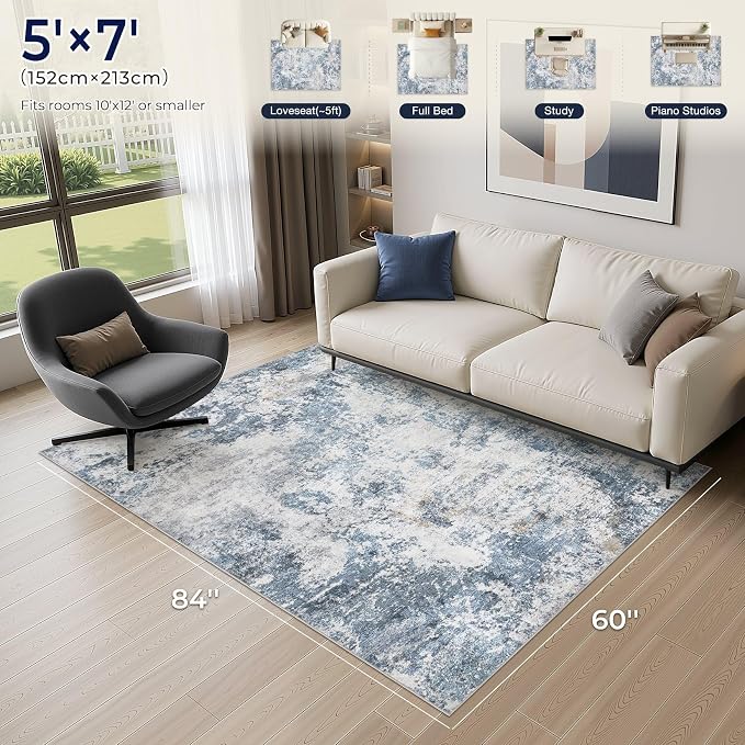 DMOYEST 5x7 Area Rug for Living Room Washable Abstract Indoor Carpet | Neutral Modern Low Pile Rugs Kid & Pet Friendly Soft Thin Carpet for Bedroom Dining Room and Office - Blue