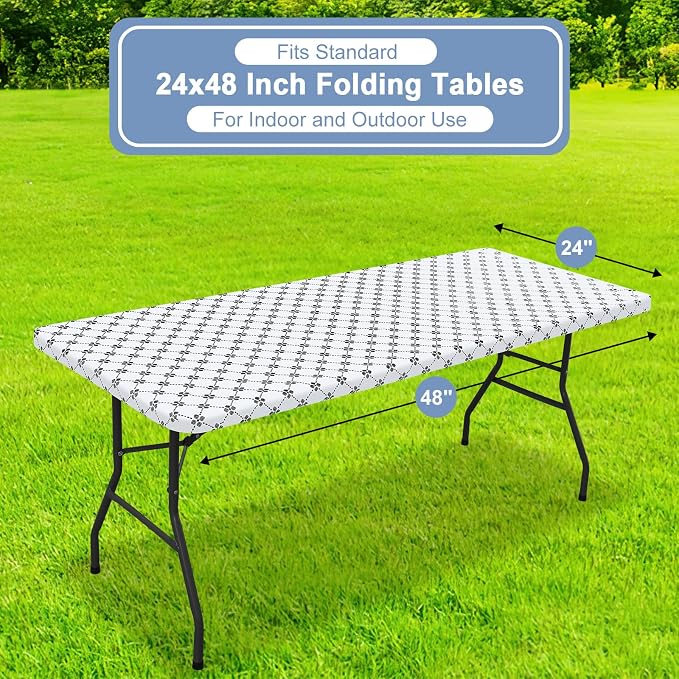 misaya Rectangle Vinyl Table Cloth, Elastic Fitted Tablecloth with Flannel Backing, Waterproof Plastic Table Cover Fits 4 Foot Folding Tables for Picnic, Camping, Indoor and Outdoor (White, 24" x 48")
