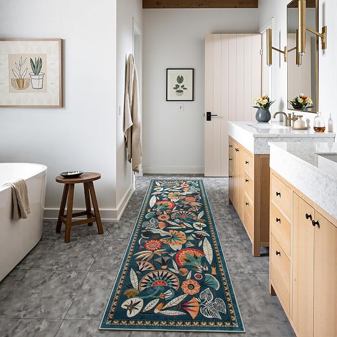 Zealude Boho Washable Green Bathroom Kitchen Runner Rug, 2x8 Egypt Hallway Entryway Rug Runner, Non Slip Botanical Floral Vintage Carpet for Entry Living Laundry Room (Dark Green, 2 x 8)