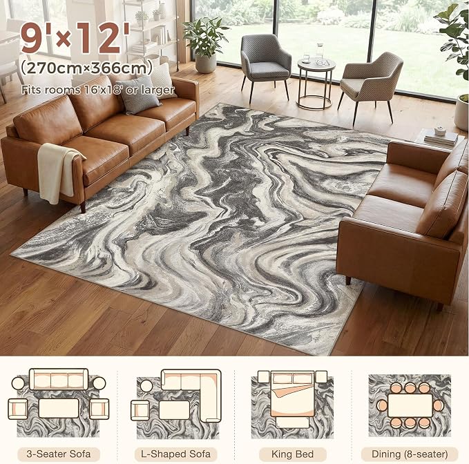 DMOYEST 9x12 Area Rug for Living Room Washable Abstract Indoor Carpet | Neutral Modern Low Pile Rugs Kid & Pet Friendly Large Soft Thin Carpet for Bedroom Dining Room and Office - Ash Grey