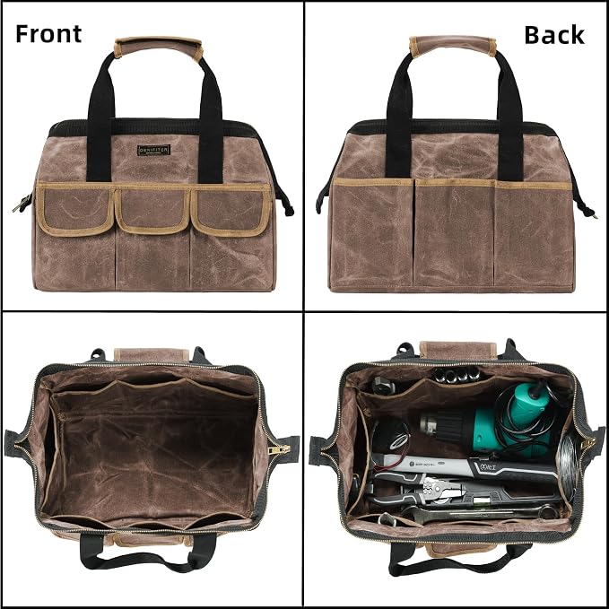 Tool Bag, Durable 16oz Waxed Canvas Wide Mouth Water-Resistant Electrician Tool Bag, Tool Tote with Handle for Tools, Wrenches, Screwdrivers (15 X 7.8 X 11.5 Inch) | Grey