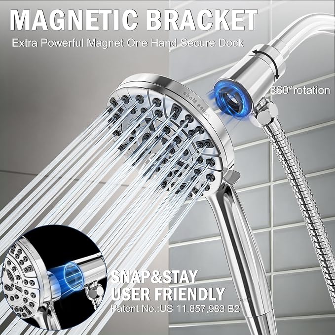 BESAQUO Shower Head, 9 Settings High Pressure shower head with handheld, Built-in Pause Mode & Power Wash, Non-Clogging Nozzles, 6ft Hose,Bracket (Premium Chrome, Magnetic 9 Settings)