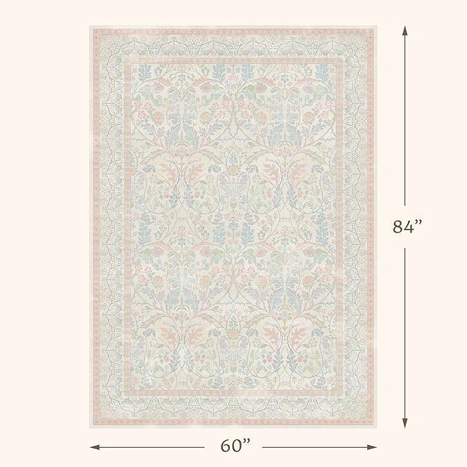 Washable Blue and Pink Rug 5x7 - Baby Girls Nursery Rug Non Slip, Soft Pastel Kids Playroom Decor Carpet, Light Blue and Green Oushak Floral Bedroom Living Room Dorm Carpet (Green and Pink)