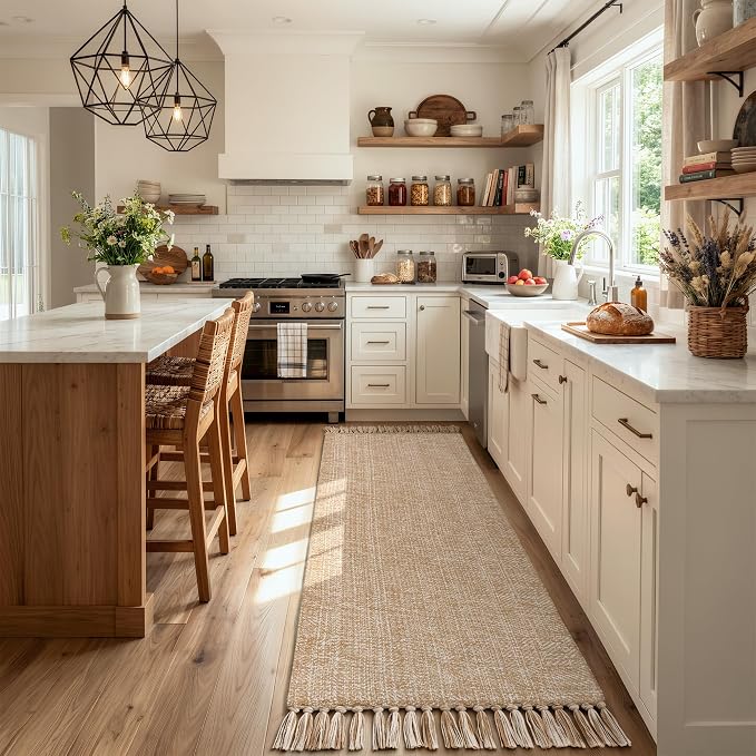 Long Hallway Runner Rug 2.6' x 8', Washable Runner Indoor Entryway Rug, Tan Braided Woven Kitchen Runner Rugs Low-Profile Front Door Floor Carpet for Laundry Room Bedroom Doorway | Tan/Cream Braided Woven Kitchen Runner Rugs, Low-Profile Front Door Flo...