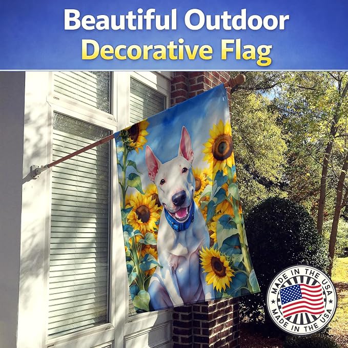 Caroline's Treasures DAC6071CHF English Bull Terrier in Sunflowers House Flag Large Porch Sleeve Pole Decorative Outside Yard Banner Artwork Wall Hanging, Polyester, House Size, Multicolor