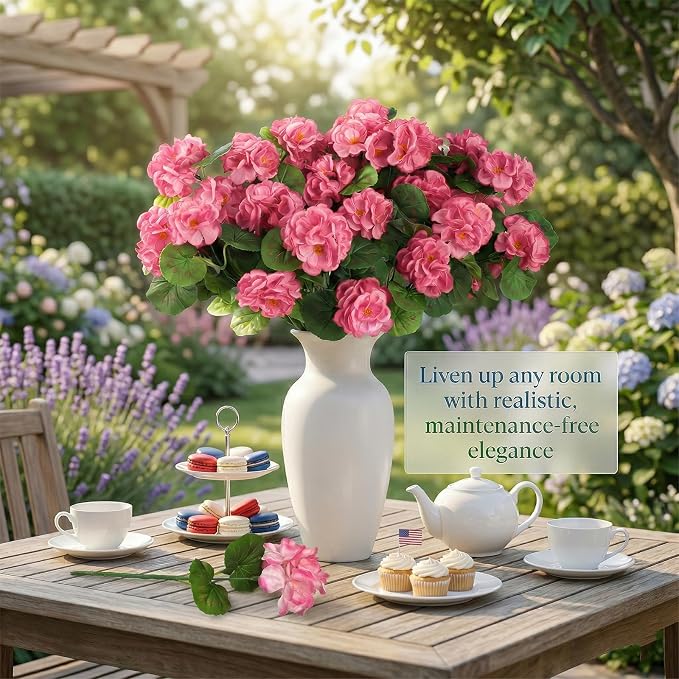 24 Pcs Artificial Geranium Flowers for Outdoor, UV Resistant Geraniums Artificial Flowers Realistic Faux Flowers Outdoor for Planters Outside Porch Garden Decor (15.3", Pink)