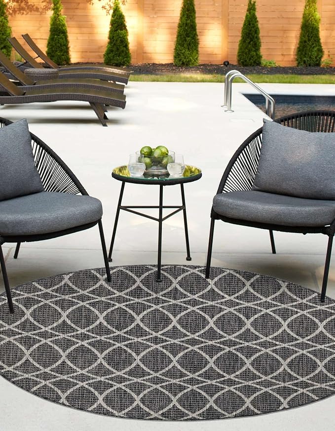 Unique Loom Outdoor Trellis Collection Area Rug - Gitter (10' Round, Charcoal/ Ivory)