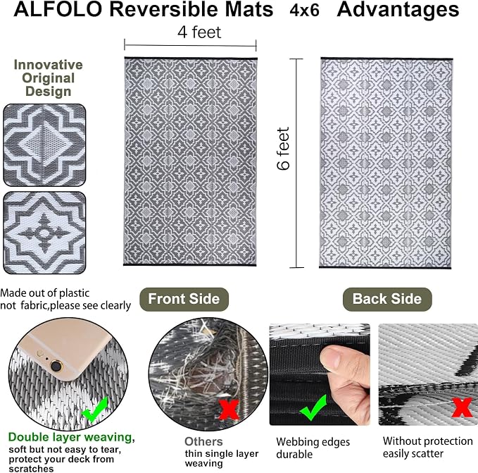 Alfolo Outdoor Rug for Patios Clearance 4X6 Waterproof Reversible Plastic Straw Rug RV Camping Mat Outside Area Rug Carpet for Camping RV,Porch,Deck,Balcony,Camper,Backyard